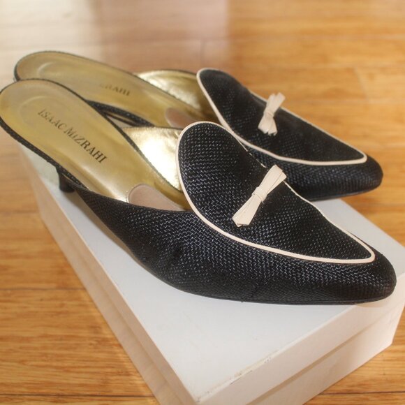 True Vintage 1990s Isaac Mizrahi Pointy Toe Canvas Mule Heels Size 10 - Picture 1 of 5